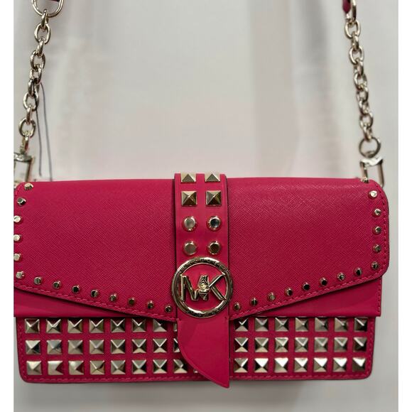 Michael Kors Greenwich Medium Studded Saffiano Leather Shoulder Bag - Rubin Red - Picture 2 of 8